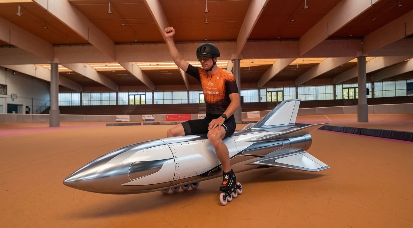 AI-generated image: me in race kit with my fist raised, sitting on a chrome rocket fitted with inline-skate wheels on an indoor skating track.